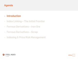 Agenda
- Introduction
- Index Linking – The Initial Frontier
- Ferrous Derivatives – Iron Ore
- Ferrous Derivatives – Scrap
- Indexing & Price Risk Management
 