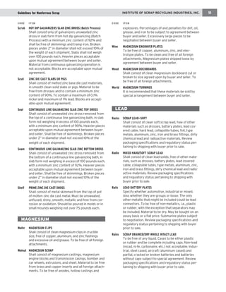 Scrub HOT DIP GALVANIZERS SLAB ZINC DROSS (Batch Process) 
Shall consist only of galvanizers unsweated zinc dross in slab form from hot dip galvanizing (Batch Process) with a minimum zinc content of 92% and shall be free of skimmings and tramp iron. Broken pieces under 2” in diameter shall not exceed 10% of the weight of each shipment. Slabs shall not weigh over 100 pounds each. Heavier pieces acceptable upon mutual agreement between buyer and seller. Material from continuous galvanizing operation is not acceptable. Blocks are acceptable upon mutual agreement. 
Scull ZINC DIE CAST SLABS OR PIGS 
Shall consist of melted zinc base die cast materials, in smooth clean solid slabs or pigs. Material to be free from drosses and to contain a minimum zinc content of 90%. To contain a maximum of 0.1% nickel and maximum of 1% lead. Blocks are acceptable upon mutual agreement. 
Seal CONTINUOUS LINE GALVANIZING SLAB ZINC TOP DROSS 
Shall consist of unsweated zinc dross removed from the top of a continuous line galvanizing bath, in slab form not weighing in excess of 100 pounds each, with a minimum zinc content of 90%. Heavier pieces acceptable upon mutual agreement between buyer and seller. Shall be free of skimmings. Broken pieces under 2” in diameter shall not exceed 10% of the 
weight of each shipment. 
Seam CONTINUOUS LINE GALVANIZING SLAB ZINC BOTTOM DROSS 
Shall consist of unsweated zinc dross removed from the bottom of a continuous line galvanizing bath, in slab form not weighing in excess of 100 pounds each, with a minimum zinc content of 92%. Heavier pieces acceptable upon mutual agreement between buyer and seller. Shall be free of skimmings. Broken pieces under 2” in diameter shall not exceed 10% of the weight of each shipment. 
Shelf PRIME ZINC DIE CAST DROSS 
Shall consist of metal skimmed from the top of pot of molten zinc die cast metal. Must be unsweated, unfluxed, shiny, smooth, metallic and free from corrosion or oxidation. Should be poured in molds or in small mounds weighing not over 75 pounds each. 
Zinc content shall be minimum of 85%. 
MAGNESIUM 
Wafer MAGNESIUM CLIPS 
Shall consist of clean magnesium clips in crucible size, free of copper, aluminum, and zinc flashings and excessive oil and grease. To be free of all foreign attachments. 
Walnut MAGNESIUM SCRAP 
Shall consist of magnesium castings, magnesium engine blocks and transmission casings, bomber and car wheels, extrusions, and sheet. Material to be free from brass and copper inserts and all foreign attachments. To be free of anodes, hollow castings and explosives. Percentages of and penalties for dirt, oil, grease, and iron to be subject to agreement between buyer and seller. Excessively large pieces to be negotiated between buyer and seller. 
Wine MAGNESIUM ENGRAVER PLATES 
To be free of copper, aluminum, zinc, and electrotype plates. To be clean and free of all foreign attachments. Magnesium plates shipped loose by agreement between buyer and seller. 
Wood MAGNESIUM DOCKBOARDS 
Shall consist of clean magnesium dockboard cut or broken to size agreed upon by buyer and seller. To be free of all foreign attachments. 
World MAGNESIUM TURNINGS 
It is recommended that these materials be sold by 
special arrangement between buyer and seller. 
LEAD 
Racks SCRAP LEAD—SOFT 
Shall consist of clean soft scrap lead, free of other materials such as drosses, battery plates, lead covered cable, hard lead, collapsible tubes, foil, type metals, aluminum, zinc, iron and brass fittings, dirty chemical lead and radioactive materials. Review packaging specifications and regulatory status pertaining to shipping with buyer prior to sale. 
Radio MIXED HARD/SOFT SCRAP LEAD 
Shall consist of clean lead solids, free of other materials, such as drosses, battery plates, lead covered cable, collapsible tubes, type metals, aluminum, zinc, iron and brass fittings, dirty chemical lead and radioactive materials. Review packaging specifications and regulatory status pertaining to shipping with buyer prior to sale. 
Rails LEAD BATTERY PLATES 
Specify whether automotive, industrial or mixed. Also whether they are groups or loose. The only other metallic that might be included could be lead connectors. To be free of non-metallics, i.e., plastic or rubber, with the exception that separators may be included. Material to be dry. May be bought on an assay basis or a flat price. Submarine plates subject to negotiation. Review packaging specifications and regulatory status pertaining to shipping with buyer prior to sale. 
Rains SCRAP DRAINED/DRY WHOLE INTACT LEAD 
To be free of any liquid. Cases to be either plastic or rubber and be complete including caps. Non-lead (nicad, ni-fe, carbonaire, etc.) not acceptable. Industrial, steel cased, aircraft (aluminum cased) and partial, cracked or broken batteries and batteries without caps subject to special agreement. Review packaging specifications and regulatory status pertaining to shipping with buyer prior to sale. 
INSTITUTE OF SCRAP RECYCLING INDUSTRIES, INC. 
11 
Guidelines for Nonferrous Scrap 
CODE ITEM 
CODE ITEM  
