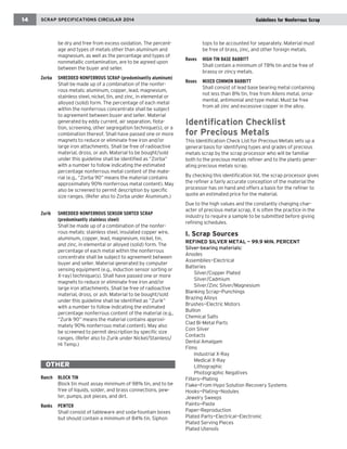 tops to be accounted for separately. Material must be free of brass, zinc, and other foreign metals. 
Raves HIGH TIN BASE BABBITT 
Shall contain a minimum of 78% tin and be free of brassy or zincy metals. 
Roses MIXED COMMON BABBITT 
Shall consist of lead base bearing metal containing not less than 8% tin, free from Allens metal, ornamental, antimonial and type metal. Must be free from all zinc and excessive copper in the alloy. 
Identification Checklist 
for Precious Metals 
This Identification Check List for Precious Metals sets up a general basis for identifying types and grades of precious metals scrap by the scrap processor who will be familiar both to the precious metals refiner and to the plants generating precious metals scrap. 
By checking this identification list, the scrap processor gives the refiner a fairly accurate conception of the material the processor has on hand and offers a basis for the refiner to quote an estimated price for the material. 
Due to the high values and the constantly changing character of precious metal scrap, it is often the practice in the industry to require a sample to be submitted before giving refining schedules. 
I. Scrap Sources 
REFINED SILVER METAL — 99.9 MIN. PERCENT 
Silver-bearing materials: 
Anodes 
Assemblies—Electrical 
Batteries 
Silver/Copper Plated 
Silver/Cadmium 
Silver/Zinc Silver/Magnesium 
Blanking Scrap—Punchings 
Brazing Alloys 
Brushes—Electric Motors 
Bullion 
Chemical Salts 
Clad Bi-Metal Parts 
Coin Silver 
Contacts 
Dental Amalgam 
Films 
Industrial X-Ray 
Medical X-Ray 
Lithographic 
Photographic Negatives 
Filters—Plating 
Flake—From Hypo Solution Recovery Systems 
Hooks—Plating—Nodules 
Jewelry Sweeps 
Paints—Paste 
Paper–Reproduction 
Plated Parts—Electrical—Electronic 
Plated Serving Pieces 
Plated Utensils 
SCRAP SPECIFICATIONS CIRCULAR 2014 
14 
Guidelines for Nonferrous Scrap 
be dry and free from excess oxidation. The percentage and types of metals other than aluminum and magnesium, as well as the percentage and types of nonmetallic contamination, are to be agreed upon between the buyer and seller. 
Zorba SHREDDED NONFERROUS SCRAP (predominantly aluminum) 
Shall be made up of a combination of the nonferrous metals: aluminum, copper, lead, magnesium, stainless steel, nickel, tin, and zinc, in elemental or alloyed (solid) form. The percentage of each metal within the nonferrous concentrate shall be subject to agreement between buyer and seller. Material generated by eddy current, air separation, flotation, screening, other segregation technique(s), or a combination thereof. Shall have passed one or more magnets to reduce or eliminate free iron and/or large iron attachments. Shall be free of radioactive material, dross, or ash. Material to be bought/sold under this guideline shall be identified as “Zorba” with a number to follow indicating the estimated percentage nonferrous metal content of the material (e.g., “Zorba 90” means the material contains approximately 90% nonferrous metal content). May also be screened to permit description by specific size ranges. (Refer also to Zorba under Aluminum.) 
Zurik SHREDDED NONFERROUS SENSOR SORTED SCRAP (predominantly stainless steel) 
Shall be made up of a combination of the nonferrous metals: stainless steel, insulated copper wire, aluminum, copper, lead, magnesium, nickel, tin, and zinc, in elemental or alloyed (solid) form. The percentage of each metal within the nonferrous concentrate shall be subject to agreement between buyer and seller. Material generated by computer sensing equipment (e.g., induction sensor sorting or X-ray) technique(s). Shall have passed one or more magnets to reduce or eliminate free iron and/or large iron attachments. Shall be free of radioactive material, dross, or ash. Material to be bought/sold under this guideline shall be identified as “Zurik” with a number to follow indicating the estimated percentage nonferrous content of the material (e.g., “Zurik 90” means the material contains approximately 90% nonferrous metal content). May also be screened to permit description by specific size ranges. (Refer also to Zurik under Nickel/Stainless/ Hi Temp.) 
OTHER 
Ranch BLOCK TIN 
Block tin must assay minimum of 98% tin, and to be free of liquids, solder, and brass connections, pewter, pumps, pot pieces, and dirt. 
Ranks PEWTER 
Shall consist of tableware and soda-fountain boxes but should contain a minimum of 84% tin. Siphon  