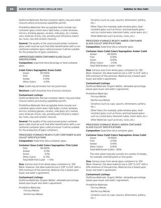 Outthrow Materials: Normal container labels; ring and metal closures where processing capabilities permit. 
Prohibitive Materials: Non-acceptable items include non- container glass (vision ware, light bulbs, crystal, windows, mirrors, drinking glasses, ceramic, milk glass, etc.) metals, ores, minerals, bricks, clay, grinding and refractory materials, rocks, clay and ceramic closures. 
General: The quality of the unprocessed amber container glass cullet must be such that after beneficiation with a conventional container glass cullet processor it will be suitable for the production of glass containers. 
UNPROCESSED GREEN CONTAINER GLASS CULLET SPECIFICATIONS 
Composition: soda-lime-silica beverage or food container glass. 
Cullet Colors Segregation: Green Cullet 
Green 90-100% 
Flint 0-10% 
Amber 0-10% 
Other Colors 0-5% 
Size: Cullet may be broken but not pulverized. 
Moisture: Cullet should be free of excess moisture. 
Contaminant Listings: 
Outthrow Materials: Normal container labels; ring and metal closures where processing capabilities permit. 
Prohibitive Materials: Non-acceptable items include non- container glass (vision ware, light bulbs, crystal, windows, mirrors, drinking glasses, ceramic, milk glass, etc:) metals, ores, minerals, bricks, clay, grinding and refractory materials, rocks, clay and ceramic closures. 
General: The quality of the unprocessed green container glass cullet must be such that after beneficiation with a conventional container glass cullet processor it will be suitable for the production of glass containers. 
PROCESSED (FURNACE READY) FLINT CONTAINER GLASS CULLET SPECIFICATIONS 
Composition: Soda-lime-silica container glass. 
Container Glass Cullet Colors Segregation: Flint Cullet 
Flint 95-100% 
Amber 0-5% 
Green 0-1% 
Other Colors 0-.5% 
Total NON-Flint Cullet = <5% 
Size: Various sizes from whole glass containers to -100 Mesh. However, the ideal material size is 3/8” to 3/4” with a 10% minimum of fine particles. Material size is based upon buyer and seller’s agreement. 
Contaminant Listings: 
Outthrow Materials: Organic Matter, allowable percentage based upon buyer and seller’s agreement. 
Prohibitive Materials: 
Ferrous Metals 
Nonferrous Metals 
Ceramics (such as cups, saucers, dinnerware, pottery, etc.) 
Other Glass (for example, plate window glass, heat- resistant glass—such as Pyrex—and lead-based glass— such as crystal ware, television tubes, vision ware, etc.) 
Other Materials (such as bricks, rocks, etc.) 
PROCESSED (FURNACE READY) AMBER CONTAINER GLASS CULLET SPECIFICATIONS 
Composition: Soda-lime-silica container glass 
Container Glass Cullet Colors Segregation: Amber Cullet 
Amber 90-100% 
Flint 0-10% 
Green 0-10% 
Other Colors 0-5% 
Total NON-Amber Cullet = <10% 
Size: Various sizes from whole glass containers to -100 Mesh. However, the ideal material size is 3/8” to 3/4” with a 10% minimum of fine particles. Material size is based upon buyer and seller’s agreement. 
Contaminant Listings: 
Outthrow Materials: Organic Matter, allowable percentage based upon buyer and seller’s agreement. 
Prohibitive Materials: 
Ferrous Metals 
Nonferrous Metals 
Ceramics (such as cups, saucers, dinnerware, pottery, etc.) 
Other Glass (for example, plate window glass, heat- resistant glass—such as Pyrex—and lead-based glass— such as crystal ware, television tubes, vision ware, etc.) 
Other Materials (such as bricks, rocks, etc.) 
PROCESSED (FURNACE READY) GREEN CONTAINER GLASS CULLET SPECIFICATIONS 
Composition: Soda-lime-silica container glass 
Container Glass Cullet Colors Segregation: Green Cullet 
Green 70-100% 
Flint 0-15% 
Amber 0-15% 
Other Colors 0-10% 
Total NON-Green Cullet = <30% 
The color green typically consists of a variety of shades, for example: emerald green or lime green. 
Size: Various sizes from whole glass containers to -100 Mesh. However, the ideal material size is 3/8” to 3/4” with a 10% minimum of fine particles. Material size is based upon buyer and seller’s agreement. 
Contaminant Listings: 
Outthrow Materials: Organic Matter, allowable percentage based upon buyer and seller’s agreement. 
Prohibitive Materials: 
Ferrous Metals 
Nonferrous Metals 
Ceramics (such as cups, saucers, dinnerware, pottery, etc.) 
SCRAP SPECIFICATIONS CIRCULAR 2014 
24 
Guidelines for Glass Cullet  