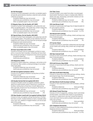 (6) Old Newspaper 
Consists of sorted newspapers and other acceptable papers as typically generated by voluntary collection and curbside collection programs. 
Prohibitive Materials may not exceed 2% 
Outthrows plus prohibitives may not exceed 4% 
Other acceptable papers may not exceed 30% 
(7) Regular News, De-ink Quality (#7 ONP) 
Consists of sorted, fresh newspapers, not sunburned, and other acceptable papers. This grade may contain magazines. 
Prohibitive Materials may not exceed 1% 
Outthrows plus prohibitives may not exceed 3% 
Other acceptable papers may not exceed 20% 
(8) Special News, De-ink Quality (#8 ONP) 
Consists of sorted, fresh newspapers, not sunburned, and other acceptable papers. This grade is to be relatively free from magazines and contain not more than the normal percentage of rotogravure and colored sections. 
Prohibitive Materials may not exceed 1% 
Outthrows plus prohibitives may not exceed 2% 
Other acceptable papers may not exceed 10% 
(9) Over-Issue News (OI or OIN) 
Consists of unused, overrun newspapers printed on newsprint, or securely tied in bundles, containing not more than the normal percentage of rotogravure and colored sections. 
Prohibitive Materials None permitted 
Outthrows plus prohibitives None permitted 
(10) Magazines (OMG) 
Consists of coated magazines, catalogues, and similar printed materials. May contain a small percentage of uncoated news-type paper. 
Prohibitive Materials may not exceed 1% 
Outthrows plus prohibitives may not exceed 3% 
(11) Old Corrugated Containers (OCC) 
Consists of corrugated containers having liners of either test liner or kraft. 
Prohibitive Materials may not exceed 1% 
Outthrows plus prohibitives may not exceed 5% 
(12) Double-Sorted Old Corrugated (DS OCC) 
Consists of double-sorted corrugated containers, generated from supermarkets and/or industrial or commercial facilities, having liners of test liner or kraft. Material has been specially sorted to be free of boxboard, off-shore corrugated, plastic, and wax. 
Prohibitive Materials may not exceed 1/2 of 1% 
Outthrows plus prohibitives may not exceed 2% 
(13) New Double-Lined Kraft Corrugated Cuttings (DLK) 
Consists of new corrugated cuttings having liners of either test liner or kraft. Treated medium or liners, insoluble adhesives, butt rolls, slabbed or hogged medium, are not acceptable in this grade. 
Prohibitive Materials None permitted 
Outthrows plus prohibitives may not exceed 2% 
(14) Fiber Cores 
Consists of paper cores made from either recycled paperboard and/or linerboard, single or multiple plies. Metal or plastic end caps, wood plugs, and textile residues are not acceptable in this grade. 
Prohibitive Materials may not exceed 1% 
Outthrows plus prohibitives may not exceed 5% 
(15) Used Brown Kraft 
Consists of used brown kraft bags free of objectionable liners and original contents. 
Prohibitive Materials None permitted 
Outthrows plus prohibitives may not exceed 1/2 of 1% 
(16) Mixed Kraft Cuttings 
Consists of new brown kraft cuttings, sheets and bag scrap free of stitched paper. 
Prohibitive Materials None permitted 
Outthrows plus prohibitives may not exceed 1% 
(17) Carrier Stock 
Consists of printed or unprinted, unbleached new beverage carrier sheets and cuttings. May contain wet strength additives. 
Prohibitive Materials None permitted 
Outthrows plus prohibitives may not exceed 1% 
(18) New Colored Kraft 
Consists of new colored kraft cuttings, sheets and bag scrap, free of stitched papers. 
Prohibitive Materials None permitted 
Outthrows plus prohibitives may not exceed 1% 
(19) Kraft Grocery Bag (KGB) 
Consists of new brown kraft bag cuttings, sheets and misprint bags. 
Prohibitive Materials None permitted 
Outthrows plus prohibitives may not exceed 1% 
(20) New Kraft Multi-Wall Bag 
Consists of new brown kraft multi-wall bag cuttings, sheets, and misprint bags, free of stitched papers. 
Prohibitive Materials None permitted 
Outthrows plus prohibitives may not exceed 1% 
(21) New Brown Kraft Envelope Cuttings 
Consists of new unprinted brown kraft envelopes, cuttings or sheets. 
Prohibitive Materials None permitted 
Outthrows plus prohibitives may not exceed 1% 
(22) Mixed Flyleaf Shavings 
Consists of trim of magazines, catalogs, inserts and similar printed matter, not limited with respect to groundwood, uncoated or coated stock, and may contain the bleed of cover and insert stock as well as beater-dyed paper and solid color printing. 
Prohibitive Materials None permitted 
Outthrows plus prohibitives may not exceed 2% 
(23) Telephone Directories 
Consists of clean telephone directories printed for or by telephone directory publishers. 
Prohibitive Materials None permitted 
Outthrows plus prohibitives may not exceed 1/2 of 1% 
SCRAP SPECIFICATIONS CIRCULAR 2014 
36 
Paper Stock Export Transactions  