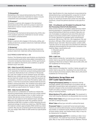 INSTITUTE OF SCRAP RECYCLING INDUSTRIES, INC. 
43 
Guidelines for Electronics Scrap 
“E-Dismantling” 
Dismantling is the manual demanufacturing of EOL electronic products (electronic materials) to reuse or recycle components and commodities contained within. 
“E-Processor” 
Processor is a person who engages in the mechanical demanufacturing of EOL electronic products (electronic materials) to reuse or recycle various commodities contained within. 
“E-Processing” 
Processing is the mechanical demanufacturing of EOL electronic products (electronic materials) to recover various commodities contained within. 
“E-Broker” 
Broker is a person who engages in the buying, selling, and trading of electronic products (electronic materials) without demanufacturing. 
“E-Brokering” 
Brokering is the buying, selling, and trading of electronic products (electronic materials) without demanufacturing. 
ELECTRONICS SCRAP METALS—EM 
Preface: The following metals specifications are directed to processing plants generating value-added commodities for consumers producing metal products. All the specifications below are subject to final terms and conditions as agreed between buyer and seller. 
EM1—Eddy-Current (EC) Aluminum 
Shall consist of the shredded aluminum fraction generated by EC separation of electronic products being predominately aluminum. Bulk density to be a minimum of 30 pounds per cubic foot (subject to terms between buyer and seller). Material may contain agreed-upon amounts of zinc and copper but shall not contain more than a total 5% maximum of nonmetallics, of which no more than 1% shall be rubber and plastics. To be free of excessively oxidized material and any sealed or pressurized items. Any variation to be sold by special arrangement between buyer and seller. Note: Refer to ISRI nonferrous specifications for Tweak or Twitch. 
EM2—Eddy-Current (EC) Scrap 
Shall consist of a combination of nonferrous metals that should be predominately aluminum but may contain statistically significant percentages of zinc or other nonferrous metals. Bulk density to be a minimum of 30 pounds per cubic foot and subject to terms between buyer and seller. Material to be bought/sold under this guideline shall be identified as EM2 with a number to follow indicating the estimated percentage of nonferrous metal (e.g., EM2-90 means the material contains approximately 90% nonferrous metal content). May also be screened to permit description by specific size ranges. Note: Refer to ISRI nonferrous specification for Zorba. 
Note: Specifications for clean aluminum scrap produced by demanufacturing or pretreating EOL scrap prior to shredding can be found under ISRI Guidelines for Nonferrous Scrap. For aluminum streams that contain less than 85% aluminum, consult the general aluminum scrap specifications. 
EM3—Circuitboards and Shredded Circuitboards From the Processing of End-of-Life Electronics 
Shall consist of whole or shredded copper/precious metal- bearing populated or unpopulated circuitboards from the manual dismantling of electronic products. May also consist of shredded circuitboards from end-of-life electronic product processing systems with a maximum piece size of 2 inches. Maximum acceptable metal contamination: aluminum, 5%; ferrous, 2%; zinc, 2%; magnesium, 1%; and beryllium, 200 ppm. Other elements subject to agreement between buyer and seller. Maximum plastic content: 40%. Typically sold on an assay basis and classified into different categories denominated by the gold levels contained in the material. Major classifications are: 
1) <50 grams per mt 
2) <200 g/mt 
3) >200 g/mt 
EM4—Light Iron 
Shall consist of whole No. 1 and whole No. 2 wrought iron and/or steel scrap and No.1 busheling from the manual dismantling of electronic products. Refer also to 200, 204, and 207 Guidelines for Ferrous Scrap. 
EM5—Iron Frag 
Shall consist of shredded No. 1 and No. 2 whole wrought iron and/or steel scrap and No. 1 busheling from end-of-life electronic product processing systems. Refer also to 210 and 211 Guidelines for Ferrous Scrap. 
Electronics Scrap Glass and 
CRT Cullet Specifications 
Shipping/Packaging/Labeling—All shipments shall be packaged, labeled, and transported in accordance with all applicable transportation laws and packed in a manner that prevents releases to the environment and protects the health and safety of workers handling the material at generating or receiving facilities. 
Whole Monitors/TVs with or with cords. The equipment is intact with housing. Minimal to no disassembly has occurred. 
Whole Intact Tubes with gun and vacuum intact or released and with or without the band. 
Whole Tubes without gun and with or without the band. 
Processed Tubes to include both funnel and panel glass. Particle size will be determined by contract between shipper and smelter or treatment facility. Material should be free of all loose metals, bands, and shadow masks. May or may not be cleaned prior to shipping. 
Leaded Funnel Glass and Frit for smelting or other recovery/ treatment. This material may include up to 10% panel glass. May or may not be cleaned prior to shipment. Particle  