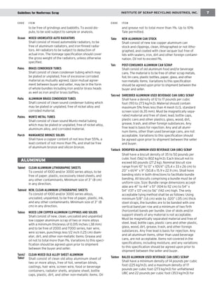 running chapter head INSTITUTE OF SCRAP RECYCLING INDUSTRIES, INC. 7 
to be free of grindings and babbitts. To avoid dis-pute, 
to be sold subject to sample or analysis. 
Ocean MIXED UNSWEATED AUTO RADIATORS 
Shall consist of mixed automobile radiators, to be 
free of aluminum radiators, and iron-finned radia-tors. 
All radiators to be subject to deduction of 
actual iron. The tonnage specification should cover 
the gross weight of the radiators, unless otherwise 
specified. 
Pales BRASS CONDENSER TUBES 
Shall consist of clean condenser tubing which may 
be plated or unplated, free of excessive corroded 
material as mutually agreed. Upon mutual agree-ment 
between buyer and seller, may be in the form 
of whole bundles including iron and/or brass heads 
as well as iron and/or brass baffles. 
Pallu ALUMINUM BRASS CONDENSER TUBES 
Shall consist of clean sound condenser tubing which 
may be plated or unplated, free of nickel alloy and 
corroded material. 
Palms MUNTZ METAL TUBES 
Shall consist of clean sound Muntz metal tubing 
which may be plated or unplated, free of nickel alloy, 
aluminum alloy, and corroded material. 
Parch MANGANESE BRONZE SOLIDS 
Shall have a copper content of not less than 55%, a 
lead content of not more than 1%, and shall be free 
of aluminum bronze and silicon bronze. 
ALUMINUM 
Tablet CLEAN ALUMINUM LITHOGRAPHIC SHEETS 
To consist of 1000 and/or 3000 series alloys, to be 
free of paper, plastic, excessively inked sheets, and 
any other contaminants. Minimum size of 3” (8 cm) 
in any direction. 
Tabloid NEW, CLEAN ALUMINUM LITHOGRAPHIC SHEETS 
To consist of 1000 and/or 3000 series alloys, 
uncoated, unpainted, to be free of paper, plastic, ink, 
and any other contaminants. Minimum size of 3” (8 
cm) in any direction. 
Taboo MIXED LOW COPPER ALUMINUM CLIPPINGS AND SOLIDS 
Shall consist of new, clean, uncoated and unpainted 
low copper aluminum scrap of two or more alloys 
with a minimum thickness of 0.015 inches (.38 mm) 
and to be free of 2000 and 7000 series, hair wire, 
wire screen, punchings less 1/2 inch (1.25 cm) diam-eter, 
dirt, and other non-metallic items. Grease and 
oil not to total more than 1%. Variations to this speci-fication 
should be agreed upon prior to shipment 
between the buyer and seller. 
Taint/ CLEAN MIXED OLD ALLOY SHEET ALUMINUM 
Tabor Shall consist of clean old alloy aluminum sheet of 
two or more alloys, free of foil, venetian blinds, 
castings, hair wire, screen wire, food or beverage 
containers, radiator shells, airplane sheet, bottle 
caps, plastic, dirt, and other non-metallic items. Oil 
and grease not to total more than 1%. Up to 10% 
Tale permitted. 
Take NEW ALUMINUM CAN STOCK 
Shall consist of new low copper aluminum can 
stock and clippings, clean, lithographed or not litho-graphed, 
and coated with clear lacquer but free of 
lids with sealers, iron, dirt and other foreign contami-nation. 
Oil not to exceed 1%. 
Talc POST-CONSUMER ALUMINUM CAN SCRAP 
Shall consist of old aluminum food and/or beverage 
cans. The material is to be free of other scrap metals, 
foil, tin cans, plastic bottles, paper, glass, and other 
non-metallic items. Variations to this specification 
should be agreed upon prior to shipment between the 
buyer and seller. 
Talcred SHREDDED ALUMINUM USED BEVERAGE CAN (UBC) SCRAP 
Shall have a density of 12 to 17 pounds per cubic 
foot (193 to 273 kg/m3). Material should contain 
maximum 5% fines less than 4 mesh (U.S. standard 
screen size) (6.35 mm). Must be magnetically sepa-rated 
material and free of steel, lead, bottle caps, 
plastic cans and other plastics, glass, wood, dirt, 
grease, trash, and other foreign substances. Any 
free lead is basis for rejection. Any and all alumi-num 
items, other than used beverage cans, are not 
acceptable. Variations to this specification should 
be agreed upon prior to shipment between the seller 
and buyer. 
Taldack DENSIFIED ALUMINUM USED BEVERAGE CAN (UBC) SCRAP 
Shall have a biscuit density of 35 to 50 pounds per 
cubic foot (562 to 802 kg/m3). Each biscuit not to 
exceed 60 pounds (27.2 kg). Nominal biscuit size 
range from 10” to 13” x 101/4” (25.4 x 33 x 26 cm) to 
20” x 61/4” x 9” (50.8 x 15.9 x 22.9 cm). Shall have 
banding slots in both directions to facilitate bundle 
banding. All biscuits comprising a bundle must be of 
uniform size. Size: Bundle range dimensions accept-able 
are 41” to 44” x 51” (104 to 112 cm) to 54” x 
54” (137 x 137 cm) to 56” (142 cm) high. The only 
acceptable tying method shall be as follows: Using 
minimum 5/8” (1.6 cm) wide by .020” (.05 cm) thick 
steel straps, the bundles are to be banded with one 
vertical band per row and a minimum of two firth 
(horizontal) bands per bundle. Use of skids and/or 
support sheets of any material is not acceptable. 
Must be magnetically separated material and free of 
steel, lead, bottle caps, plastic cans and other plastic, 
glass, wood, dirt, grease, trash, and other foreign 
substances. Any free lead is basis for rejection. Any 
and all aluminum items, other than used beverage 
cans, are not acceptable. Items not covered in the 
specifications, including moisture, and any variations 
to this specification should be agreed upon prior to 
shipment between the seller and buyer. 
Taldon BALED ALUMINUM USED BEVERAGE CAN (UBC) SCRAP 
Shall have a minimum density of 14 pounds per cubic 
foot (225 kg/m3), and a maximum density of 17 
pounds per cubic foot (273 kg/m3) for unflattened 
UBC and 22 pounds per cubic foot (353 kg/m3) for 
Guidelines for Nonferrous Scrap CODE ITEM CODE ITEM 
 