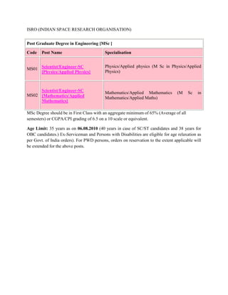 Post Graduate Degree in Engineering [MSc ]CodePost NameSpecialisationMS01Scientist/Engineer-SC[Physics/Applied Physics] Physics/Applied physics (M Sc in Physics/Applied Physics)MS02Scientist/Engineer-SC[Mathematics/Applied Mathematics] Mathematics/Applied Mathematics (M Sc in Mathematics/Applied Maths)<br />ISRO (INDIAN SPACE RESEARCH ORGANISATION)MSc Degree should be in First Class with an aggregate minimum of 65% (Average of all semesters) or CGPA/CPI grading of 6.5 on a 10 scale or equivalent.<br />Age Limit: 35 years as on 06.08.2010 (40 years in case of SC/ST candidates and 38 years for OBC candidates.) Ex-Serviceman and Persons with Disabilities are eligible for age relaxation as per Govt. of India orders). For PWD persons, orders on reservation to the extent applicable will be extended for the above posts.<br />