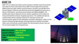 GSAT 7A
GSAT-7A is an advanced military communications satellite meant primarily for
the Indian Air Force with Indian Army. GSAT-7A will enable IAF to interlink
different ground radar stations, ground airbase, aircraft to aircraft Real-time
Control System, Airborne early warning and control (AWACS) aircraft such as
Beriev A-50 Phalcon, Unmanned aerial vehicle and DRDO AEW&CS. The
satellite will enhance Network-centric warfare capabilities of the Indian Air
Force and therefore enhance its global operations. The satellite will also be
used by Indian Army's Aviation Corps for its real-time control and
communication system for the helicopters and UAV's operations. India is in the
process of acquiring high-altitude and long endurance satellite-controlled
UAVs, such as American armed Predator-B or Sea Guardian drones, that can
fire at enemy targets from long distances.
Date of Launch : Dec 19,2018
Launch Vehicle : GSLV-F11
Type of Satellite : Communication
Orbit : Geostationary Orbit
Weight : 2250 kgs
 