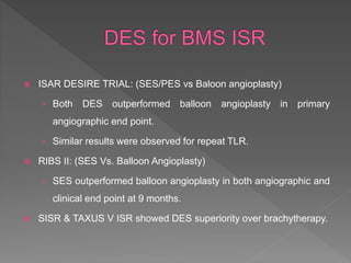  ISAR DESIRE TRIAL: (SES/PES vs Baloon angioplasty)
› Both DES outperformed balloon angioplasty in primary
angiographic end point.
› Similar results were observed for repeat TLR.
 RIBS II: (SES Vs. Balloon Angioplasty)
› SES outperformed balloon angioplasty in both angiographic and
clinical end point at 9 months.
 SISR & TAXUS V ISR showed DES superiority over brachytherapy.
 