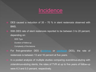  DES caused a reduction of 35 – 70 % in stent restenosis observed with
BMS.
 With DES rate of stent restenosis reported to be between 3 to 20 percent,
depending on:
› DES Type
› Duration of follow-up
› Complexity of the lesions
 For first-generation DES (sirolimus or paclitaxel DES), the rate of
restenosis is between 13 and 16 percent at five years.
 In a pooled analysis of multiple studies comparing everolimus-eluting with
zotarolimus-eluting stents, the rates of TVR at up to five years of follow-up
were 6.3 and 5.0 percent, respectively.
 