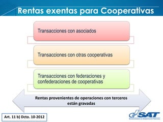 Art. 11 b) Dcto. 10-2012
Rentas exentas para Cooperativas
Transacciones con asociados
Transacciones con otras cooperativas
Transacciones con federaciones y
confederaciones de cooperativas
Rentas provenientes de operaciones con terceros
están gravadas
 