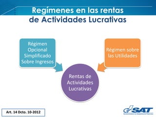 Regímenes en las rentas
de Actividades Lucrativas
Art. 14 Dcto. 10-2012
Rentas de
Actividades
Lucrativas
Régimen
Opcional
Simplificado
Sobre Ingresos
Régimen sobre
las Utilidades
 