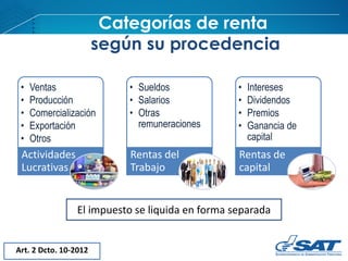 Categorías de renta
según su procedencia
Art. 2 Dcto. 10-2012
• Ventas
• Producción
• Comercialización
• Exportación
• Otros
Actividades
Lucrativas
• Sueldos
• Salarios
• Otras
remuneraciones
Rentas del
Trabajo
• Intereses
• Dividendos
• Premios
• Ganancia de
capital
Rentas de
capital
El impuesto se liquida en forma separada
 