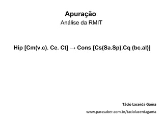 Apuração
                 Análise da RMIT



Hip [Cm(v.c). Ce. Ct] → Cons [Cs(Sa.Sp).Cq (bc.al)]




                                              Tácio Lacerda Gama
                           www.parasaber.com.br/taciolacerdagama
 