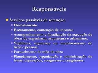 Responsáveis Serviços passíveis de retenção: Florestamento   Escoramento, contenção de encostas   Acompanhamento e fiscalização da execução de obras de engenharia, arquitetura e urbanismo. Vigilância, segurança ou monitoramento de bens e pessoas.   Fornecimento de mão-de-obra   Planejamento, organização e administração de feiras, exposições, congressos e congêneres. 
