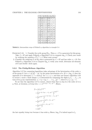 CHAPTER 5. THE ELGAMAL CRYPTOSYSTEM 116
i xi ai bi x2i a2i b2i
1 228 0 1 279 0 2
2 279 0 2 184 1 4
3 92 0 4 14 1 6
4 184 1 4 256 2 7
5 205 1 5 304 3 8
6 14 1 6 121 6 18
7 28 2 6 144 12 38
8 256 2 7 235 48 152
9 152 2 8 72 48 154
10 304 3 8 14 96 118
11 372 3 9 256 97 119
12 121 6 18 304 98 120
13 12 6 19 121 5 51
14 144 12 38 144 10 104
Table5.1. Intermediate steps of Pollard’s ρ algorithm in example 5.4
Exercise 5.16. 1. Consider the cyclic group
 
∗
311. Then α = 17 is a generator for this group.
Take β = 67 and apply Pollards ρ Algorithm 5.14 to compute logα β. Check your result
by verifying the equation αlogα β = β. What went wrong?
2. Consider the subgroup G of
 
∗
79 that is generated by α = 67 and has order n = 13. Use
Pollard’s ρ Algorithm 5.14 to compute logα β, verify your result, determine all elements
of G and double- check again.
5.2.3 The Pohlig-Hellman Algorithm
Algorithm 5.17 for computing logarithms takes advantage of the factorization of the order n
of the group G. Let n = pe1
1 pe2
2 · · · per
r be the prime factorization of n. If x = logα β, then the
approach is to determine xi = x mod pei
i for 1 ≤ i ≤ r, and then use Gauss’s algorithm 4.16
to recover x mod n. Each integer xi is determined by computing the digits l0, l1, . . . , lei−1 in
turn of its pi-ary representation: xi = l0 + l1pi + . . . + lei−1pei−1
i , where 0 ≤ lj ≤ pi − 1.
To see that the algorithm 5.17 is correct, observe ﬁrst that in step 2.c) the order of ¯α is
q. Next, at iteration j of step 2.d), γ = αl0+l1q+...+lj−1qj−1
. Hence,
¯β = (β/γ)n/qj+1
= αx−l0−l1q−...−lj−1qj−1 n/qj+1
= αn/qj+1 xi−l0−l1q−...−lj−1qj−1
= αn/qj+1 ljqj +...+le−1qe−1
= αn/q
lj +...+le−1qe−1−j
= (¯α)lj
,
the last equality being true because ¯α has order q. Hence, log ¯α
¯β is indeed equal to lj.
 