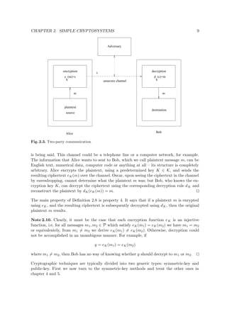 CHAPTER 2. SIMPLE CRYPTOSYSTEMS 9
Alice
unsecure channel
Adversary
c
m
destination
decryption
Bob
k
d (c)=m
encryption
plaintext
source
m
e (m)=c
k
Fig. 2.3. Two-party communication
is being said. This channel could be a telephone line or a computer network, for example.
The information that Alice wants to sent to Bob, which we call plaintext message m, can be
English text, numerical data, computer code or anything at all – its structure is completely
arbitrary. Alice encrypts the plaintext, using a predetermined key K ∈ K, and sends the
resulting ciphertext eK(m) over the channel. Oscar, upon seeing the ciphertext in the channel
by eavesdropping, cannot determine what the plaintext m was; but Bob, who knows the en-
cryption key K, can decrypt the ciphertext using the corresponding decryption rule dK and
reconstruct the plaintext by dK(eK(m)) = m.
The main property of Deﬁnition 2.8 is property 4. It says that if a plaintext m is enrypted
using eK, and the resulting ciphertext is subsequently decrypted using dK, then the original
plaintext m results.
Note 2.10. Clearly, it must be the case that each encryption function eK is an injective
function, i.e. for all messages m1, m2 ∈ P which satisfy eK(m1) = eK(m2) we have m1 = m2
or equivalentely, from m1 = m2 we derive eK(m1) = eK(m2). Otherwise, decryption could
not be accomplished in an unambigous manner. For example, if
y = eK(m1) = eK(m2)
where m1 = m2, then Bob has no way of knowing whether y should decrypt to m1 or m2.
Cryptographic techniques are typically divided into two generic types: symmetric-key and
public-key. First we now turn to the symmetric-key methods and treat the other ones in
chapter 4 and 5.
 