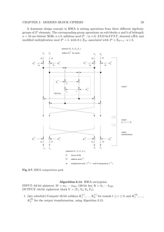 CHAPTER 3. MODERN BLOCK CIPHERS 59
A dominant design concept in IDEA is mixing operations from three diﬀerent algebraic
groups of 2n elements. The corresponding group operations on sub-blocks a and b of bitlength
n = 16 are bitwise XOR: a ⊕ b; addition mod 2n : (a + b) AND 0xFFFF, denoted a   b; and
modiﬁed multiplication mod 2n + 1, with 0 ∈
 
2n associated with 2n ∈
 
2n+1 : a b.
1
plaintext (X ,X ,X ,X )
(2 r 8)
round r
output
transformation
subkeys K for round r
(r)
iX1
X2 X3
X4
K
(1)
21
K
(1)
K
(1)
3
K4
(1)
K5
(1)
K 6
(1)
t
0
2
t t1
K1
(9)
K2
(9)
K3
(9)
K4
(9)
Y3
Y4
2 3 4
Y Y
round 1
bitwise XOR
addition mod 2
1 2
16
16 16
1616
16 16
16
MA-box
16 16 16 16
multiplication mod 2 + 1 (with 0 interpreted as 2 )
1 2 3 4
16
16
ciphertext (Y ,Y ,Y ,Y )
16
Fig. 3.7. IDEA computation path
Algorithm 3.14. IDEA encryption
INPUT: 64-bit plaintext M = m1 · · · m64; 128-bit key K = k1 · · · k128.
OUTPUT: 64-bit ciphertext block Y = (Y1, Y2, Y3, Y4).
1. (key schedule) Compute 16-bit subkeys K
(r)
1 , . . ., K
(r)
6 for rounds 1 ≤ r ≤ 8, and K
(9)
1 , . . . ,
K
(9)
4 for the output transformation, using Algorithm 3.15.
 