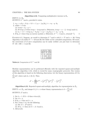 CHAPTER 4. THE RSA SYSTEM 80
Algorithm 4.12. Computing multiplicative inverses in
 
n
INPUT: b ∈
 
n.
OUTPUT: b−1 mod n, provided it exists.
1. n0 ← n, b0 ← b, t0 ← 0, t ← 1, q ← n0/b0 , r ← n0 − q · b0
2. while r > 0 do
(a) temp ← t0 − q · t
(b) If temp ≥ 0 then temp ← temp mod n. Otherwise, temp ← n − ((−temp) mod n).
(c) t0 ← t, t ← temp, n0 ← b0, b0 ← r, q ← n0/bo , r ← n0 − q · b0.
3. If b0 = 1 then b has no inverse modulo n. Otherwise, b−1 ← t mod n, return b−1 .
Example 4.5. Suppose, we would to determine b−1 mod n with b = 17 and n = 26. Using
Algorithm 4.12 yields 17−1 = 23 mod 26. See Table 4.4 for a detailed computation. Of course,
the correctness of of one’s computation can be easily veriﬁed: you just have to determine
17 · 23 = 391 = 1 mod 26.
n0 b0 t0 t q r
26 17 0 1 1 9
17 9 1 25 1 8
9 8 25 2 1 1
8 1 2 23 8 0
Table4.4. Computation of 17−1
mod 26
Modular exponentiation can be performed eﬃcently with the repeated square-and-multiple
algorithm (algorithm 4.13), which is crucial for many cryptographic protocols. One version
of this algorithm is based on the following observation. Let the binary representation of k be
t
i=0
ki2i, where each ki ∈ {0, 1}. Then
ak
=
t
i=0
aki2i
= a20 k0
a21 k1
· · · a2t kt
.
Algorithm 4.13. Repeated square-and-multiply algorithm for exponentiation in
 
n
INPUT: a ∈
 
n, and integer 0 ≤ k < n whose binary representation is k =
t
i=0
ki2i.
OUTPUT: ak mod n.
1. Set b ← 1. If k = 0 then return(b).
2. Set A ← a.
3. If k0 = 1 then set b ← a.
4. For i from 1 to t do the following:
(a) Set A ← A2 mod n.
(b) If ki = 1 then set b ← A · b mod n.
5. Return(b).
 