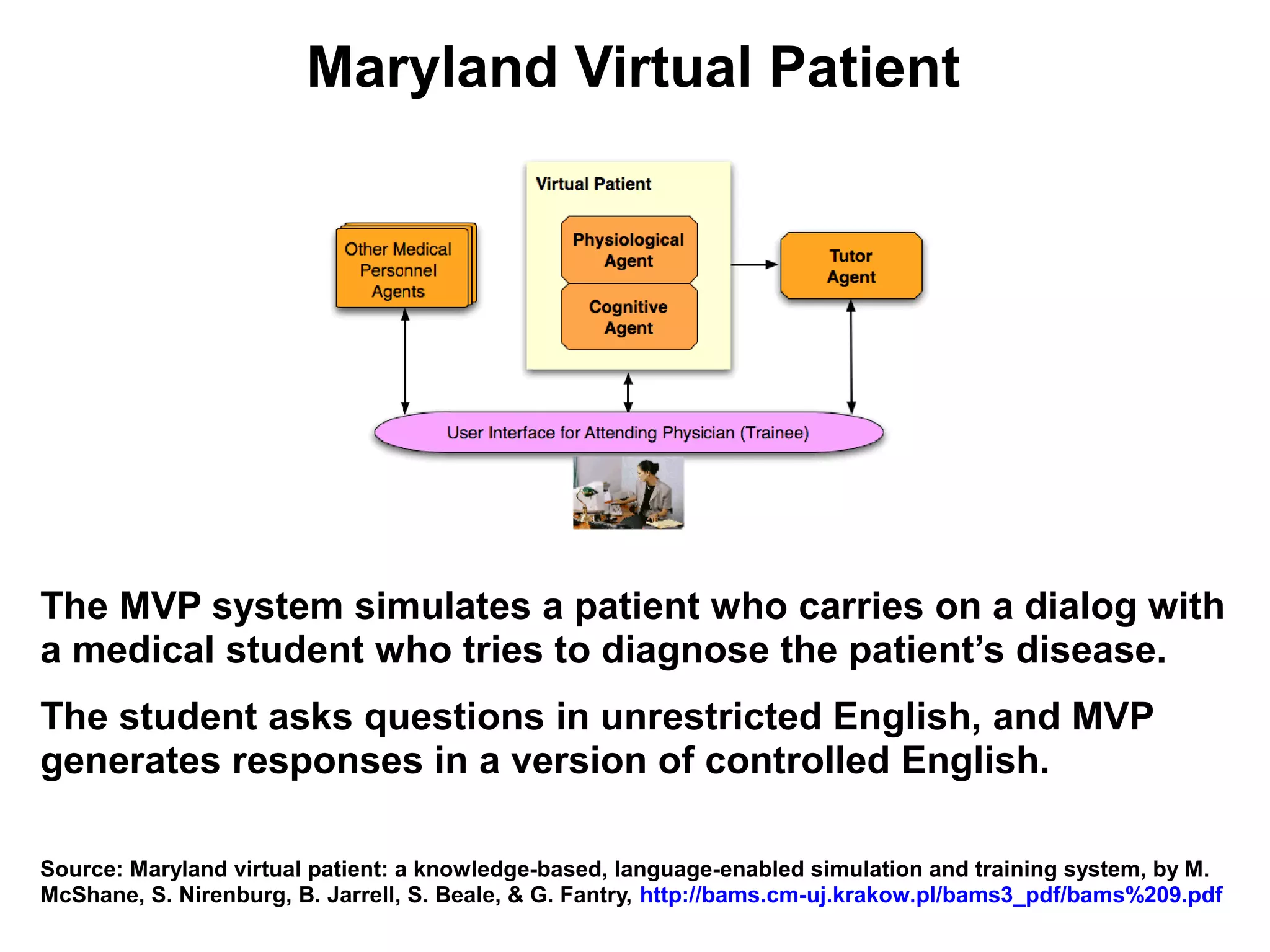 Maryland Virtual Patient




The MVP system simulates a patient who carries on a dialog with
a medical student who tries to diagnose the patient’s disease.
The student asks questions in unrestricted English, and MVP
generates responses in a version of controlled English.

Source: Maryland virtual patient: a knowledge-based, language-enabled simulation and training system, by M.
McShane, S. Nirenburg, B. Jarrell, S. Beale, & G. Fantry, http://bams.cm-uj.krakow.pl/bams3_pdf/bams%209.pdf
 