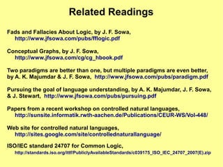 Related Readings
Fads and Fallacies About Logic, by J. F. Sowa,
  http://www.jfsowa.com/pubs/fflogic.pdf

Conceptual Graphs, by J. F. Sowa,
  http://www.jfsowa.com/cg/cg_hbook.pdf

Two paradigms are better than one, but multiple paradigms are even better,
by A. K. Majumdar & J. F. Sowa, http://www.jfsowa.com/pubs/paradigm.pdf

Pursuing the goal of language understanding, by A. K. Majumdar, J. F. Sowa,
& J. Stewart, http://www.jfsowa.com/pubs/pursuing.pdf

Papers from a recent workshop on controlled natural languages,
  http://sunsite.informatik.rwth-aachen.de/Publications/CEUR-WS/Vol-448/

Web site for controlled natural languages,
  http://sites.google.com/site/controllednaturallanguage/

ISO/IEC standard 24707 for Common Logic,
  http://standards.iso.org/ittf/PubliclyAvailableStandards/c039175_ISO_IEC_24707_2007(E).zip
 