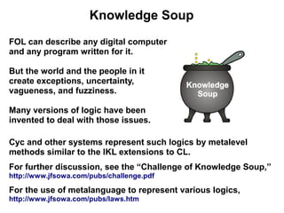 Knowledge Soup
FOL can describe any digital computer
and any program written for it.

But the world and the people in it
create exceptions, uncertainty,
vagueness, and fuzziness.

Many versions of logic have been
invented to deal with those issues.

Cyc and other systems represent such logics by metalevel
methods similar to the IKL extensions to CL.
For further discussion, see the “Challenge of Knowledge Soup,”
http://www.jfsowa.com/pubs/challenge.pdf

For the use of metalanguage to represent various logics,
http://www.jfsowa.com/pubs/laws.htm
 