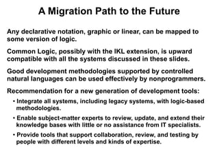 A Migration Path to the Future
Any declarative notation, graphic or linear, can be mapped to
some version of logic.
Common Logic, possibly with the IKL extension, is upward
compatible with all the systems discussed in these slides.
Good development methodologies supported by controlled
natural languages can be used effectively by nonprogrammers.
Recommendation for a new generation of development tools:
 ●   Integrate all systems, including legacy systems, with logic-based
     methodologies.
 ●   Enable subject-matter experts to review, update, and extend their
     knowledge bases with little or no assistance from IT specialists.
 ●
     Provide tools that support collaboration, review, and testing by
     people with different levels and kinds of expertise.
 