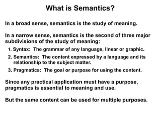 What is Semantics?

In a broad sense, semantics is the study of meaning.

In a narrow sense, semantics is the second of three major
subdivisions of the study of meaning:
 1. Syntax: The grammar of any language, linear or graphic.
 2. Semantics: The content expressed by a language and its
    relationship to the subject matter.
 3. Pragmatics: The goal or purpose for using the content.

Since any practical application must have a purpose,
pragmatics is essential to meaning and use.

But the same content can be used for multiple purposes.
 