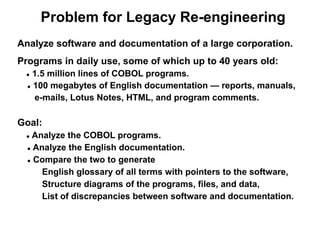 Problem for Legacy Re-engineering
Analyze software and documentation of a large corporation.
Programs in daily use, some of which up to 40 years old:
 ●  1.5 million lines of COBOL programs.
  ● 100 megabytes of English documentation — reports, manuals,

    e-mails, Lotus Notes, HTML, and program comments.

Goal:
 ●  Analyze the COBOL programs.
  ● Analyze the English documentation.

  ● Compare the two to generate

      English glossary of all terms with pointers to the software,
      Structure diagrams of the programs, files, and data,
      List of discrepancies between software and documentation.
 