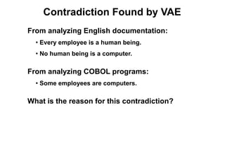 Contradiction Found by VAE
From analyzing English documentation:
  ●
      Every employee is a human being.
  ●
      No human being is a computer.

From analyzing COBOL programs:
  ●
      Some employees are computers.

What is the reason for this contradiction?
 