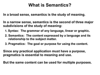 What is Semantics?

In a broad sense, semantics is the study of meaning.

In a narrow sense, semantics is the second of th...