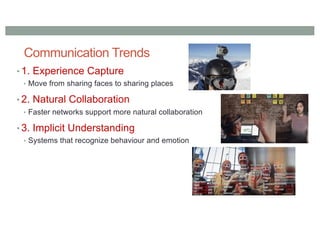 Communication Trends
• 1. Experience Capture
• Move from sharing faces to sharing places
• 2. Natural Collaboration
• Faster networks support more natural collaboration
• 3. Implicit Understanding
• Systems that recognize behaviour and emotion
 