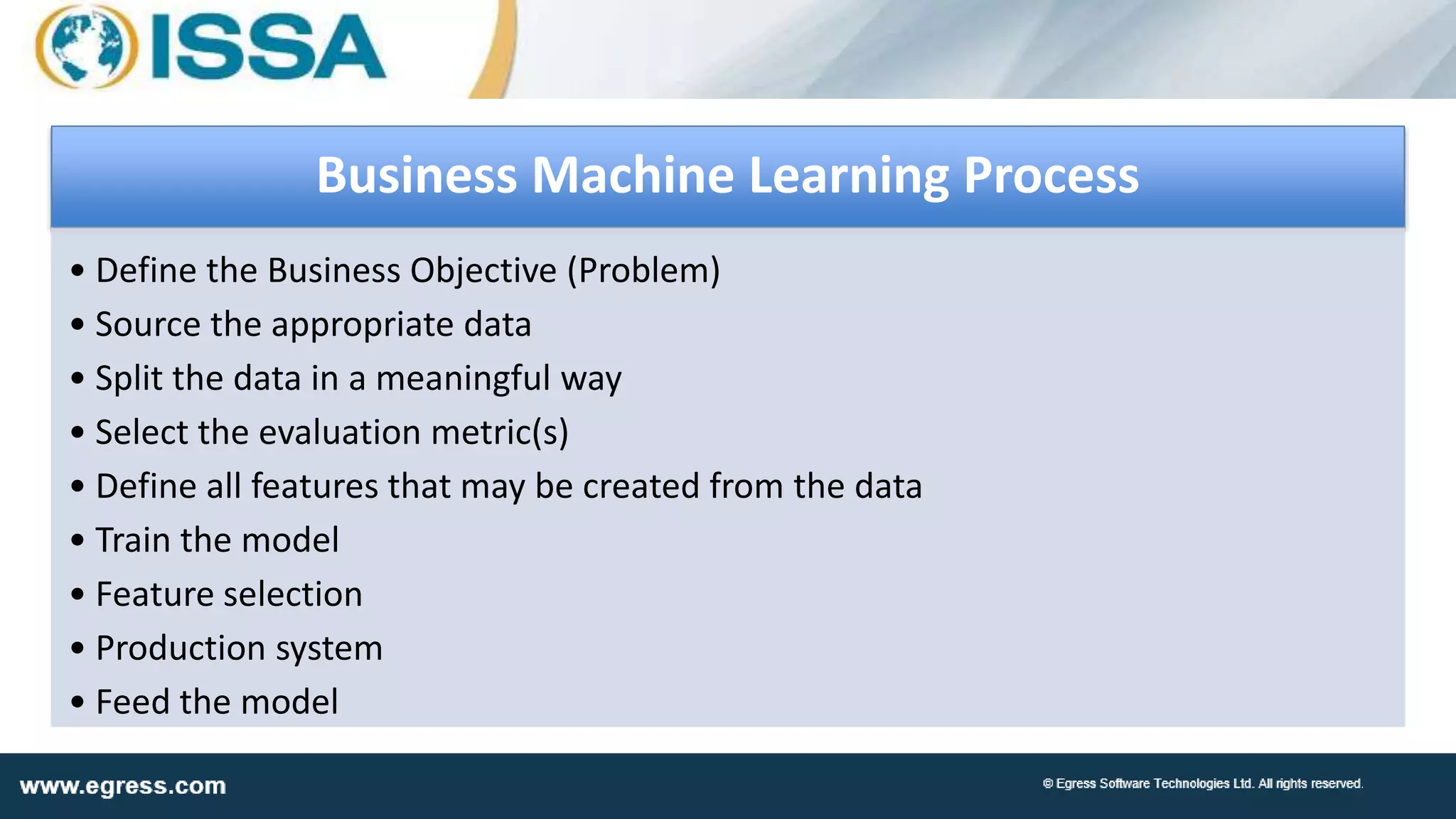 Business Machine Learning Process
• Define the Business Objective (Problem)
• Source the appropriate data
• Split the data in a meaningful way
• Select the evaluation metric(s)
• Define all features that may be created from the data
• Train the model
• Feature selection
• Production system
• Feed the model
 