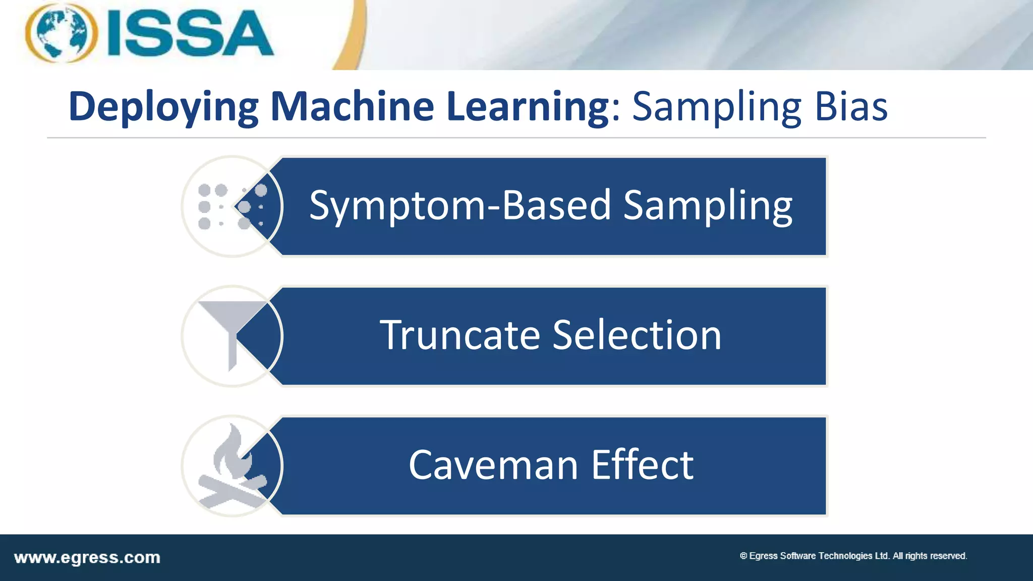Deploying Machine Learning: Sampling Bias
Symptom-Based Sampling
Truncate Selection
Caveman Effect
 