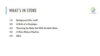 i
WHAT’S IN STORE
1.0 Background (this stuff)
2.0 A Birth of a Paradigm
3.0 Throwing the Baby Out With the Bath Water
4.0 A More Mature Pipeline
5.0 Q&A
 