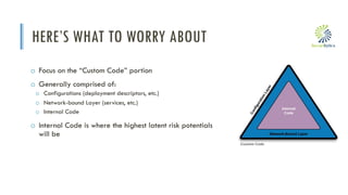 i
HERE’S WHAT TO WORRY ABOUT
o Focus on the “Custom Code” portion
o Generally comprised of:
o Configurations (deployment descriptors, etc.)
o Network-bound Layer (services, etc.)
o Internal Code
o Internal Code is where the highest latent risk potentials
will be
 
