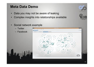 Meta Data Demo
•  Data you may not be aware of leaking
•  Complex insights into relationships available
•  Social network ...