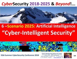 1-CyberCyberCrime:Crime:CyberCyberTerror:Terror:CyberCyberWarWar
“OUR Cyber Society”“OUR Cyber Society”
22 –– “TOP 10“ Cyber Attacks & Threats“TOP 10“ Cyber Attacks & Threats
“YOUR Cyber Defence”“YOUR Cyber Defence”
3 –Scenario 2018Scenario 2018:: Cyber & Physical ToolsCyber & Physical Tools
“Integrated Security”“Integrated Security”
CyberCyberSecuritySecurity 20182018--20252025 && BeyondBeyond!...!...
66 ––Scenario 2025:Scenario 2025: Artificial IntelligenceArtificial Intelligence
“Cyber“Cyber--Intelligent Security”Intelligent Security”
104
“21stC CyberSecurity Defence & Trends”
**** From 2018 - 2025 & Beyond! ****
HQS Wellington, London, UK – 5th July 2018
© Dr David E. Probert : www.VAZA.com ©
ISSA Summer CyberSecurity Conference 2018ISSA Summer CyberSecurity Conference 2018
4 –– Scenario 2019Scenario 2019:: Internet of Things: IoTInternet of Things: IoT
“Self“Self--Adaptive”Adaptive”
5 –Scenario 2020:Scenario 2020: Machine LearningMachine Learning
“Self“Self--Learning”Learning”
66 ––Scenario 2025Scenario 2025:: ArtificialArtificial IntellgenceIntellgence
“Cyber“Cyber--Intelligent”Intelligent”
7 – ScenarioScenario 2040: Artificial Silicon Life”2040: Artificial Silicon Life”
“Neural Security”“Neural Security”
88–– 2121ststCC Maritime SecurityMaritime Security TrendsTrends
“Cyber @ Sea”“Cyber @ Sea”
9 –CyberCyber VISIONVISION to Securityto Security NOWNOW!..!..
“NEW Cyber Toolkit”“NEW Cyber Toolkit”
“Cyber“Cyber--Intelligent Security”Intelligent Security”
 