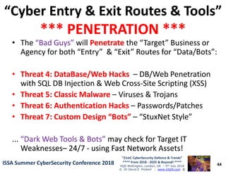 “Cyber Entry & Exit Routes & Tools”“Cyber Entry & Exit Routes & Tools”
*** PENETRATION ****** PENETRATION ***
• The “Bad Guys”“Bad Guys” will PenetratePenetrate the “Target” Business or
Agency for both “Entry” & “Exit” Routes for “Data/Bots”:
•• Threat 4:Threat 4: DataBaseDataBase/Web Hacks/Web Hacks – DB/Web Penetration
with SQL DB Injection & Web Cross-Site Scripting (XSS)
44
“21stC CyberSecurity Defence & Trends”
**** From 2018 - 2025 & Beyond! ****
HQS Wellington, London, UK – 5th July 2018
© Dr David E. Probert : www.VAZA.com ©
ISSA Summer CyberSecurity Conference 2018ISSA Summer CyberSecurity Conference 2018
with SQL DB Injection & Web Cross-Site Scripting (XSS)
•• Threat 5: Classic MalwareThreat 5: Classic Malware – Viruses & Trojans
•• Threat 6: Authentication HacksThreat 6: Authentication Hacks – Passwords/Patches
•• Threat 7: Custom Design “Bots”Threat 7: Custom Design “Bots” – “StuxNet Style”
...... “Dark Web Tools & Bots”“Dark Web Tools & Bots” may check for Target ITmay check for Target IT
WeaknessesWeaknesses–– 24/724/7 -- using Fast Network Assets!using Fast Network Assets!
 