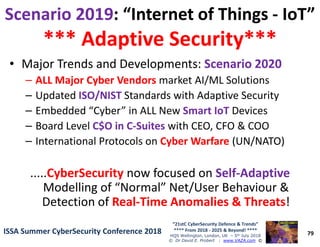 Scenario 2019Scenario 2019: “Internet of Things: “Internet of Things -- IoT”IoT”
*** Adaptive Security****** Adaptive Security***
• Major Trends and Developments: Scenario 2020Scenario 2020
–– ALL Major Cyber VendorsALL Major Cyber Vendors market AI/ML Solutions
– Updated ISO/NISTISO/NIST Standards with Adaptive Security
– Embedded “Cyber” in ALL New Smart IoTSmart IoT Devices
– Board Level C$O in CC$O in C--SuitesSuites with CEO, CFO & COO
79
“21stC CyberSecurity Defence & Trends”
**** From 2018 - 2025 & Beyond! ****
HQS Wellington, London, UK – 5th July 2018
© Dr David E. Probert : www.VAZA.com ©
ISSA Summer CyberSecurity Conference 2018ISSA Summer CyberSecurity Conference 2018
– Board Level C$O in CC$O in C--SuitesSuites with CEO, CFO & COO
– International Protocols on Cyber WarfareCyber Warfare (UN/NATO)(UN/NATO)
.....CyberSecurityCyberSecurity now focused on SelfSelf--AdaptiveAdaptive
Modelling of “Normal” Net/User Behaviour &
Detection of RealReal--Time Anomalies & ThreatsTime Anomalies & Threats!
 