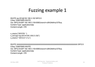 Fuzzing example 1 
INVITE sip:201@192.168.3.102 SIP/2.0
CSeq: 536870905 INVITE
Via: SIP/2.0/UDP 192.168.3.104:6060;branch=...