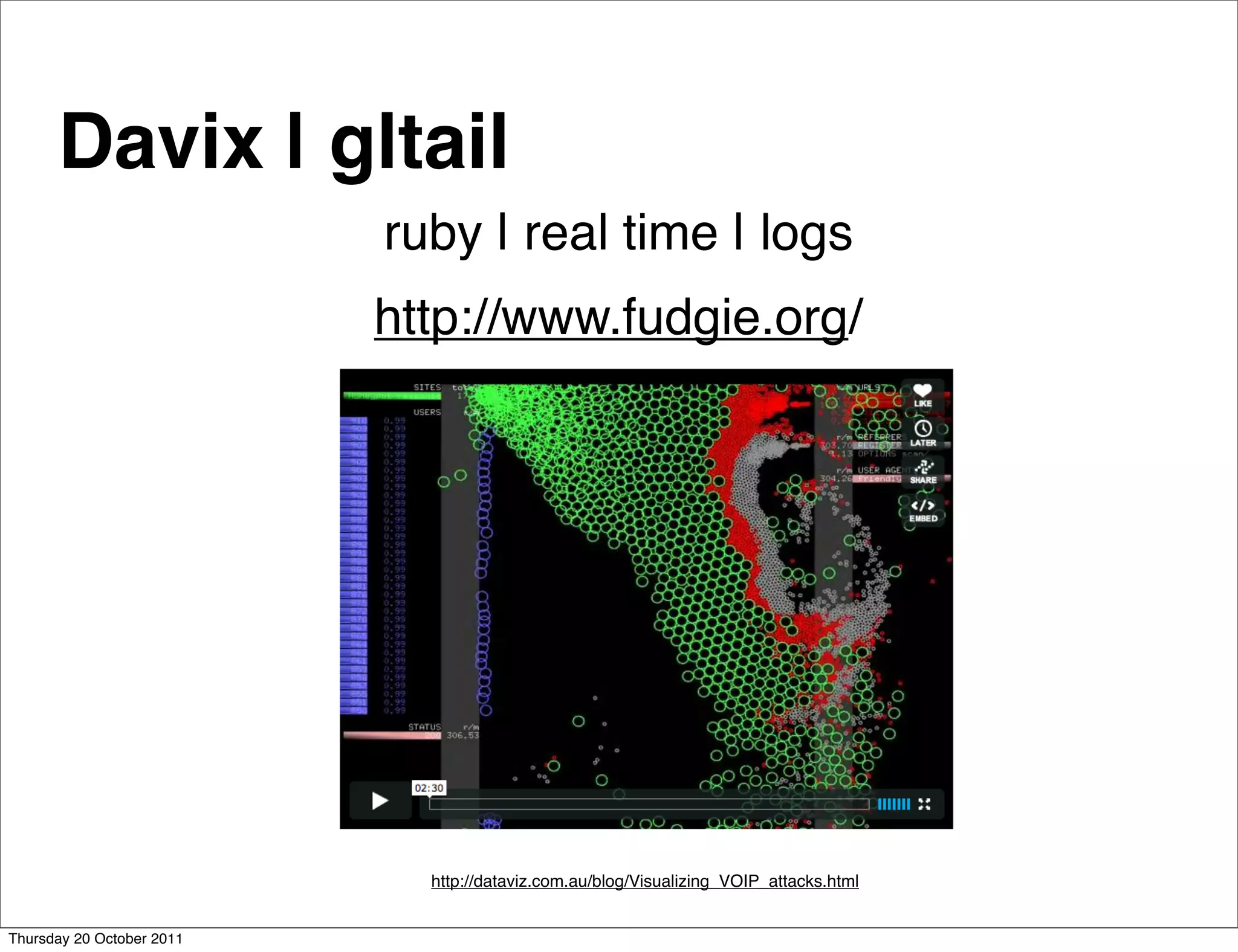 Davix | gltail
                           ruby | real time | logs
                           http://www.fudgie.org/




                             http://dataviz.com.au/blog/Visualizing_VOIP_attacks.html


Thursday 20 October 2011
 