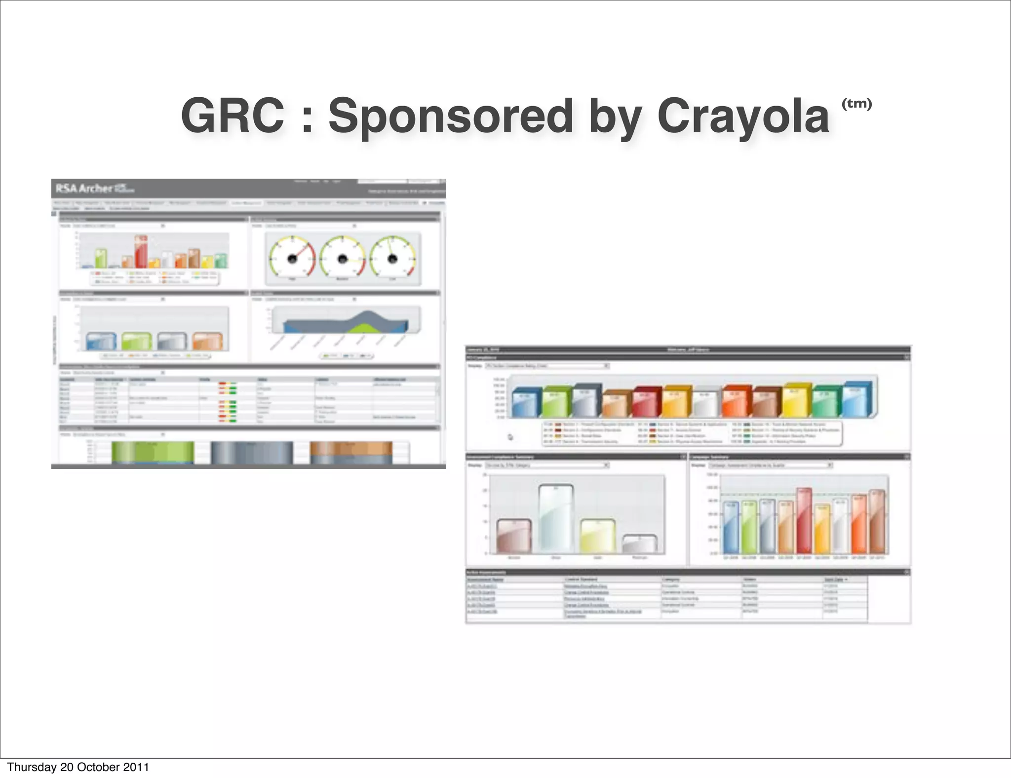 (tm)
                           GRC : Sponsored by Crayola




Thursday 20 October 2011
 