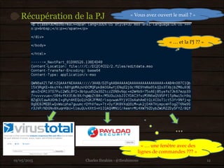 Récupération de la PJ
19/05/2015 12Charles Ibrahim - @Ibrahimous
…
« Vous avez ouvert le mail ? »
« … et la PJ ?? »
« … une fenêtre avec des
lignes de commandes ??? »
 