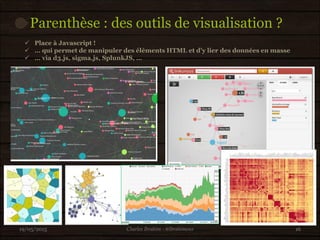 Parenthèse : des outils de visualisation ?
 Place à Javascript !
 … qui permet de manipuler des éléments HTML et d’y lier des données en masse
 … via d3.js, sigma.js, SplunkJS, …
19/05/2015 16Charles Ibrahim - @Ibrahimous
 