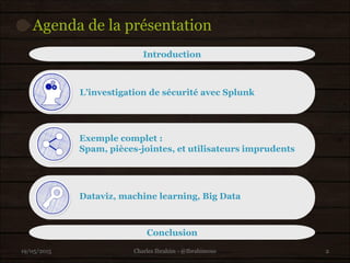 L’investigation de sécurité avec Splunk
Exemple complet :
Spam, pièces-jointes, et utilisateurs imprudents
Dataviz, machine learning, Big Data
Agenda de la présentation
19/05/2015 2
Introduction
Conclusion
Charles Ibrahim - @Ibrahimous
 