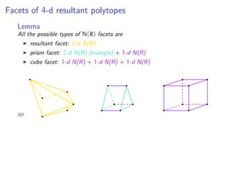 Facets of 4-d resultant polytopes
Lemma
All the possible types of N(R) facets are
resultant facet: 3-d N(R)
prism facet: 2-d N(R) (triangle) + 1-d N(R)
cube facet: 1-d N(R) + 1-d N(R) + 1-d N(R)
3D
 