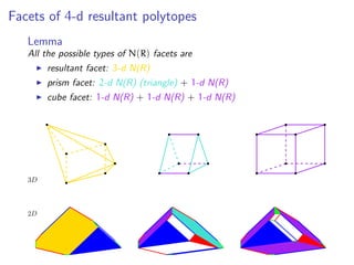 Facets of 4-d resultant polytopes
Lemma
All the possible types of N(R) facets are
resultant facet: 3-d N(R)
prism facet: 2-d N(R) (triangle) + 1-d N(R)
cube facet: 1-d N(R) + 1-d N(R) + 1-d N(R)
3D
2D
 