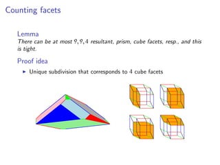 Counting facets
Lemma
There can be at most 9, 9, 4 resultant, prism, cube facets, resp., and this
is tight.
Proof idea
Unique subdivision that corresponds to 4 cube facets
 