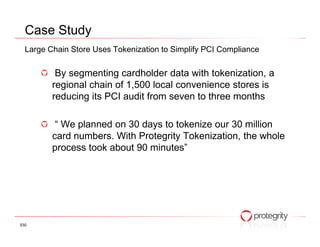 Case Study
  Large Chain Store Uses Tokenization to Simplify PCI Compliance

          By segmenting cardholder data with tokenization, a
         regional chain of 1,500 local convenience stores is
         reducing its PCI audit from seven to three months

          “ We planned on 30 days to tokenize our 30 million
         card numbers. With Protegrity Tokenization, the whole
         process took about 90 minutes”




030
 