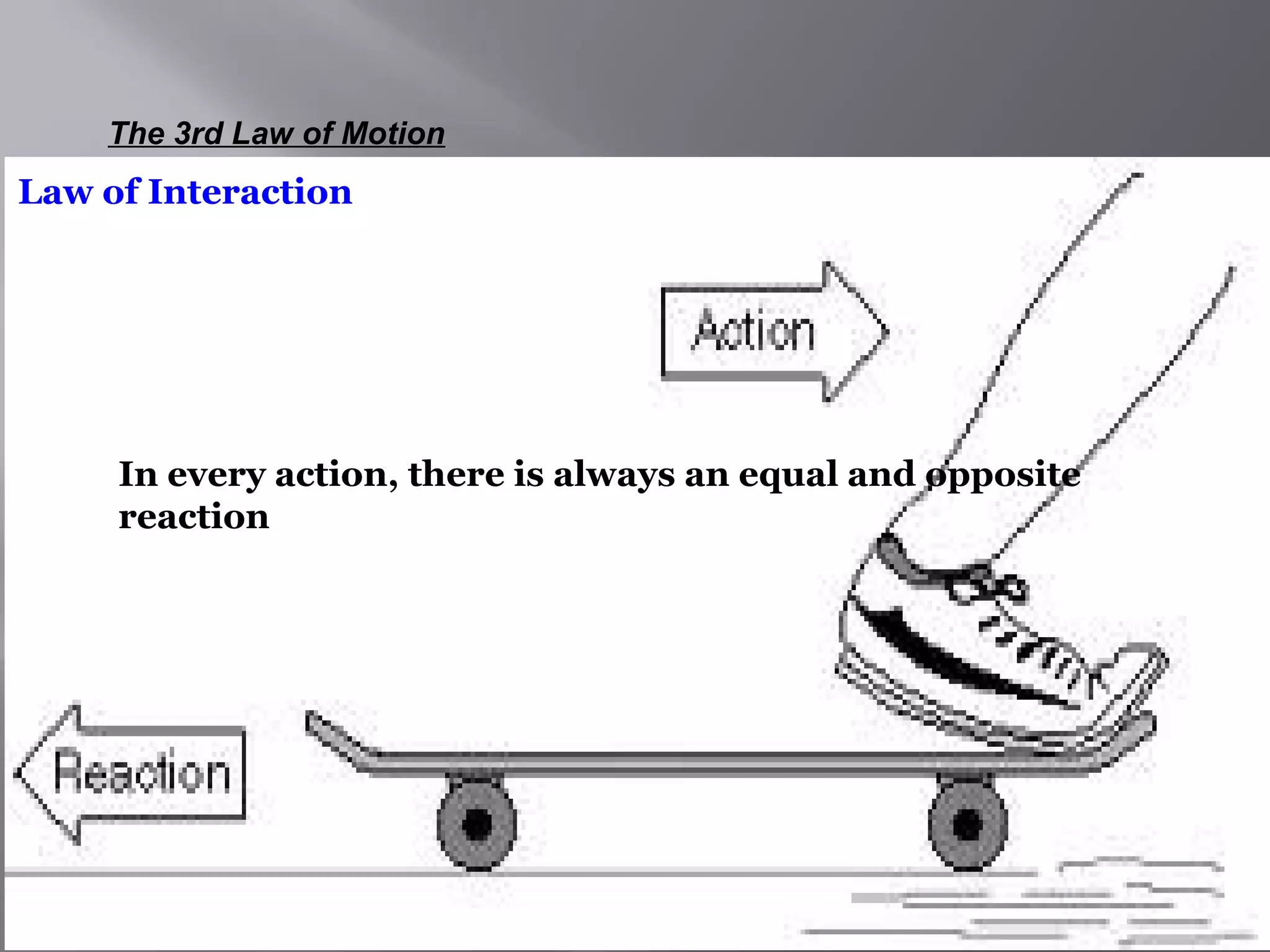 The 3rd Law of Motion 
Law of Interaction 
In every action, there is always an equal and opposite 
reaction 
 