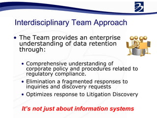 Interdisciplinary Team Approach The Team provides an enterprise understanding of data retention through: Comprehensive understanding of corporate policy and procedures related to regulatory compliance. Elimination a fragmented responses to inquiries and discovery requests Optimizes response to Litigation Discovery It’s not just about information systems 