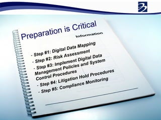 Preparation is Critical Step #1: Digital Data Mapping Step #2: Risk Assessment Step #3: Implement Digital Data Management Policies and System Control Procedures Step #4: Litigation Hold Procedures Step #5: Compliance Monitoring 